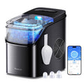 Portable countertop ice maker in black and stainless with blue-lit lid and included scoop