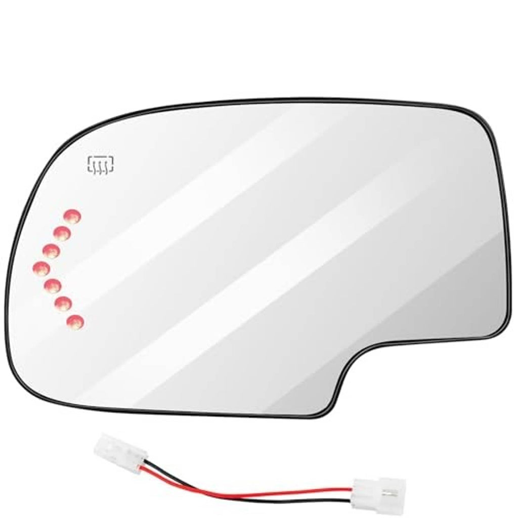 Driver-side mirror glass replacement with black frame and attached wiring connectors
