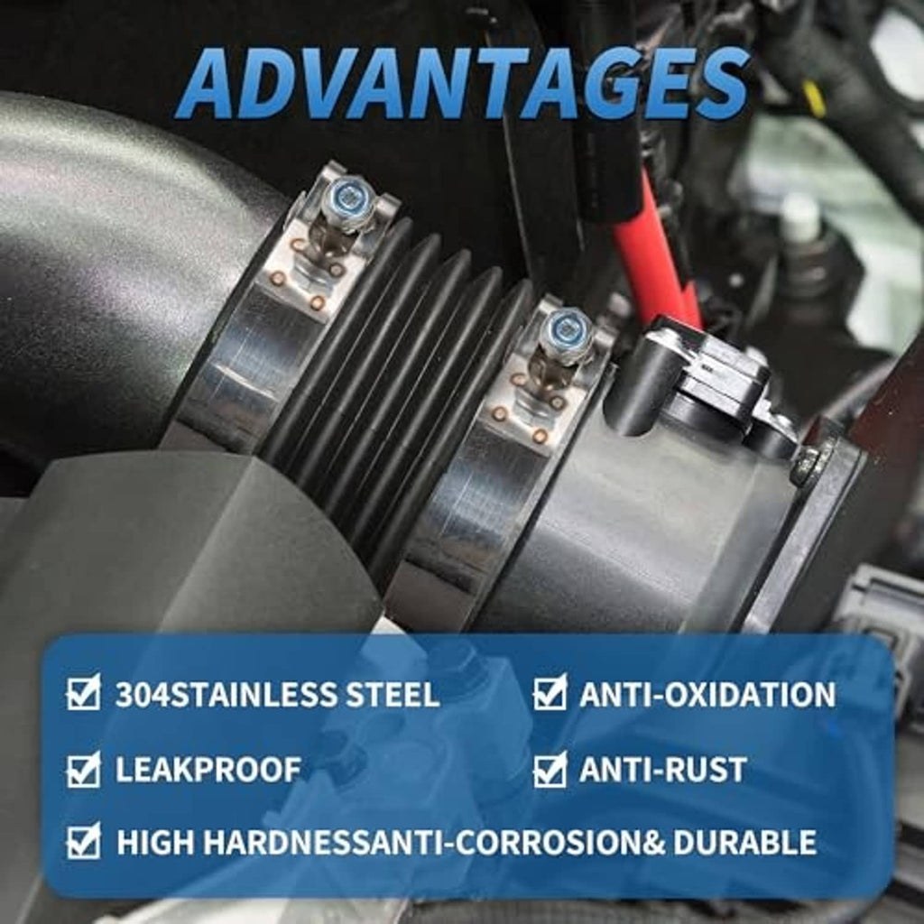 T-bolt hose clamps installed on engine hoses with hex-bolt hardware