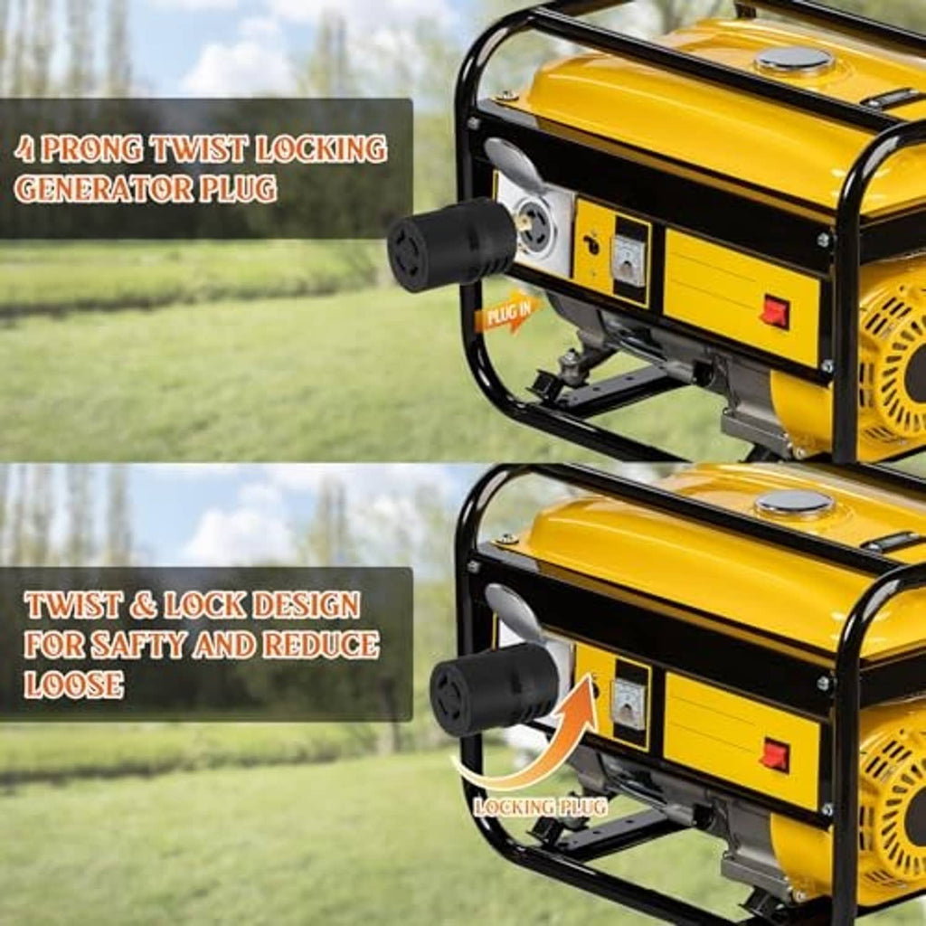 Adapter connected to yellow generator outlet with twist-lock 4-prong plug
