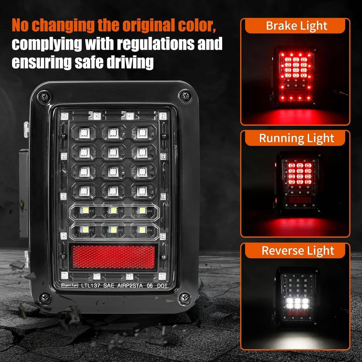 Rectangular LED taillight control module with circuit board and red/white LED windows