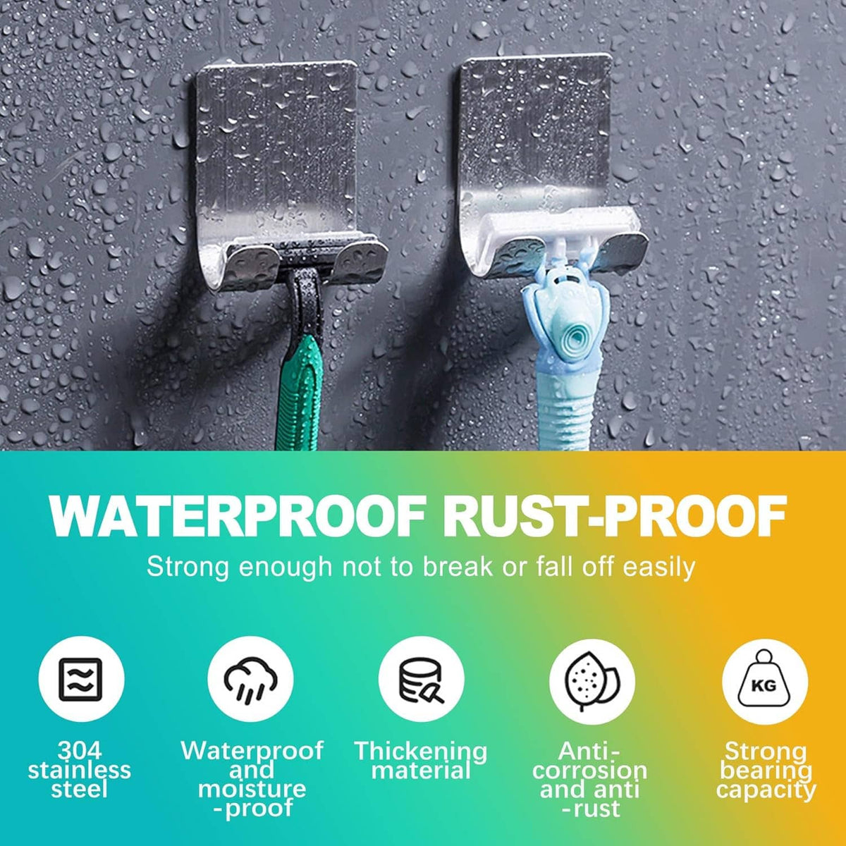 Waterproof rust-proof stainless steel razor holder hooks with adhesive mount plates
