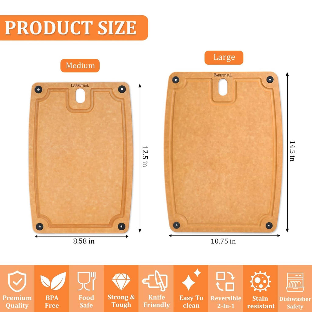 Tan composite cutting boards, medium and large sizes, with handle holes and corner grips