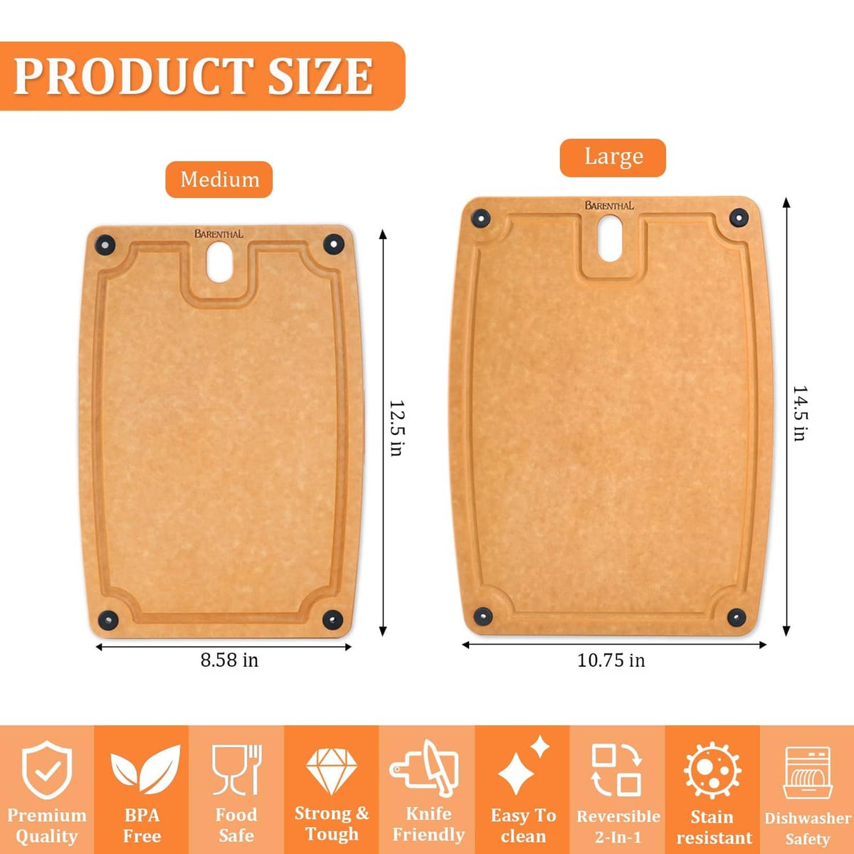 Tan composite cutting boards, medium and large sizes, with handle holes and corner grips