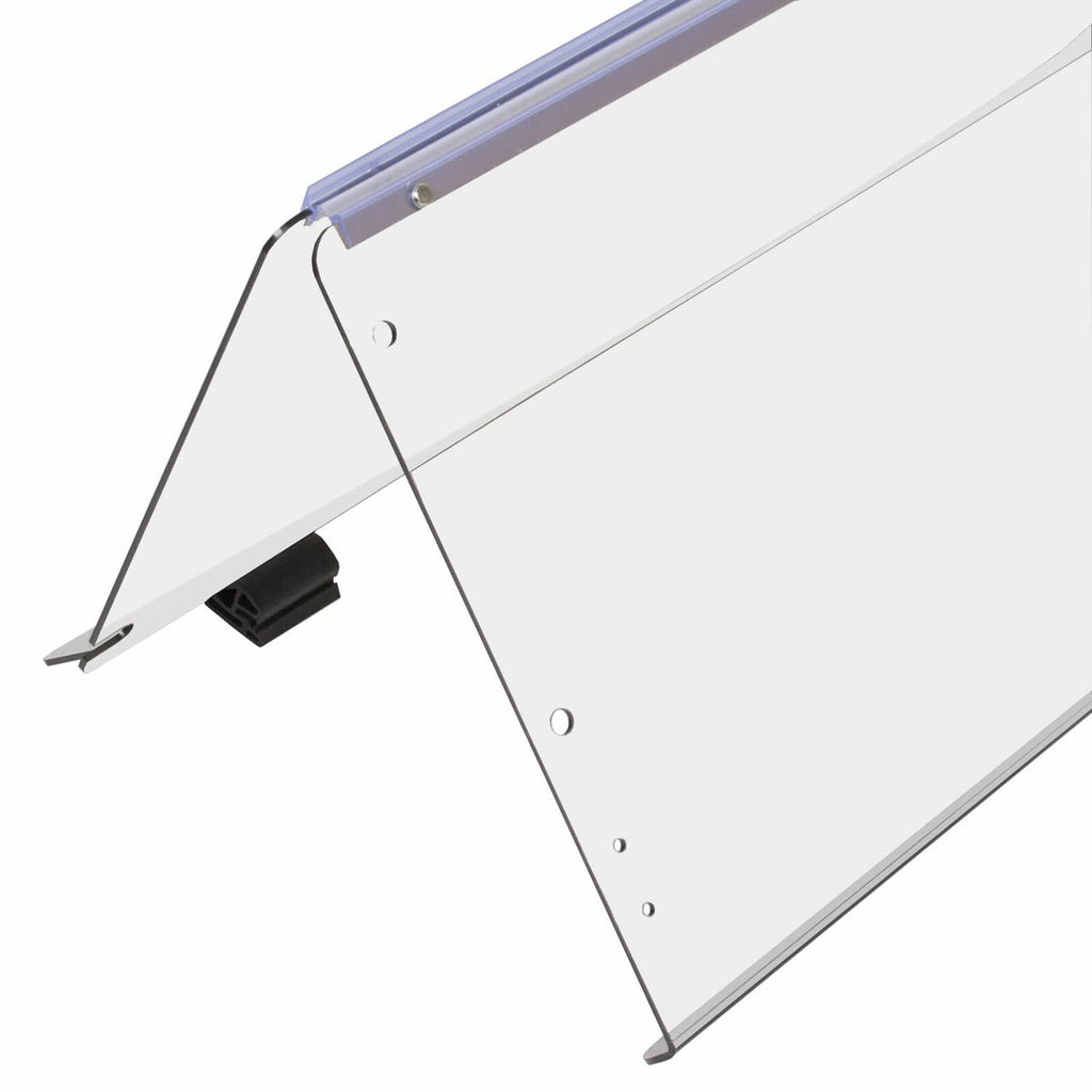 Clear windshield panel corner with black clips and blue frame support.