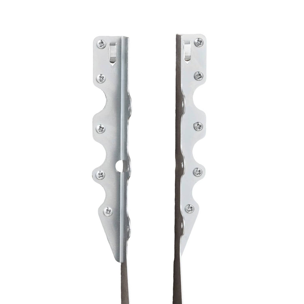 Two galvanized steel joist hangers, side view straps with mounting holes