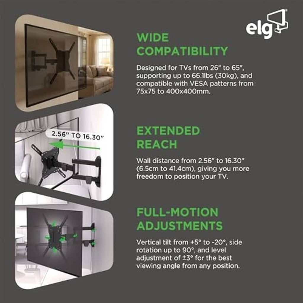 Full-motion TV wall mount graphic with black adjustable bracket and extended reach view