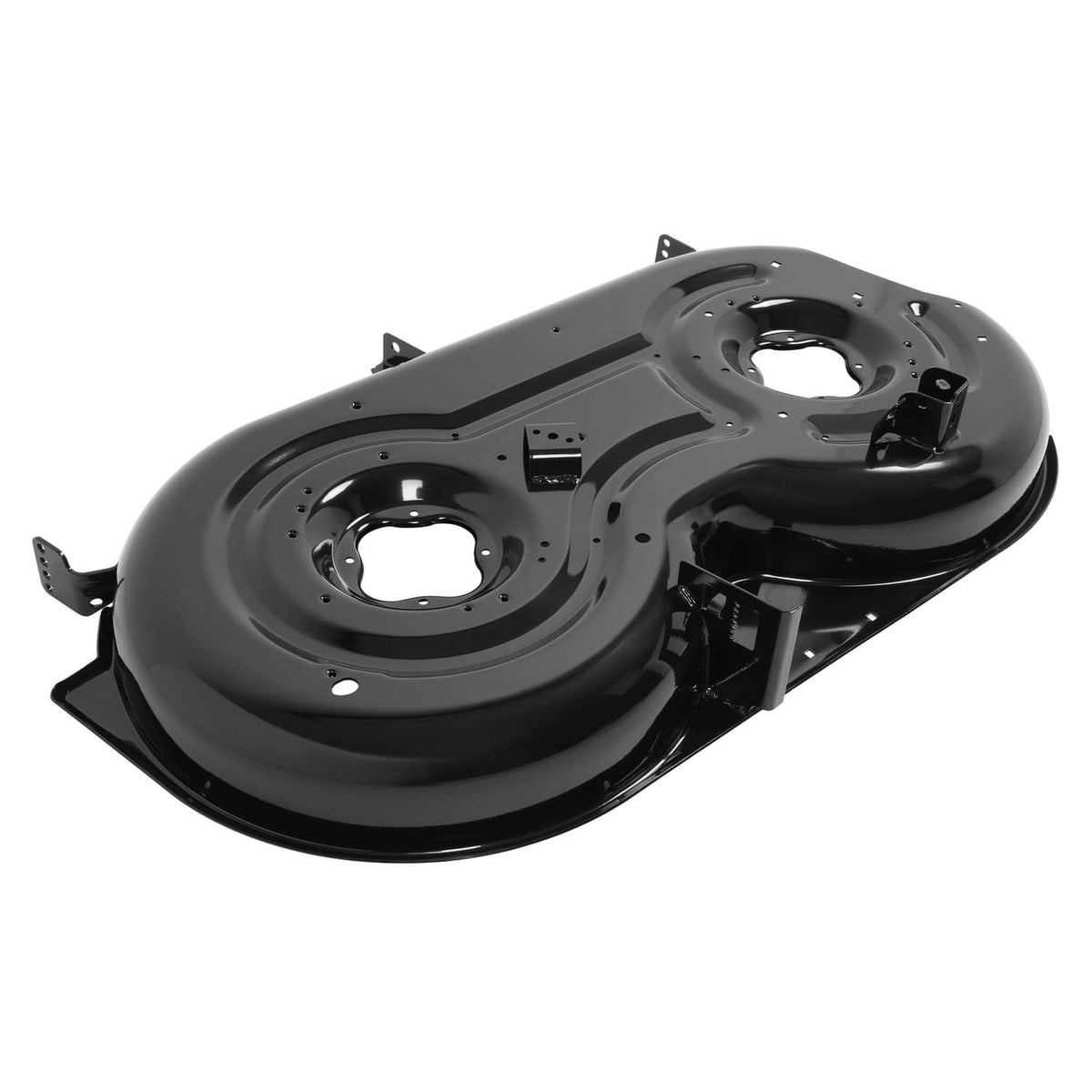 Black cutting deck assembly with dual blade openings and mounted bracket structures