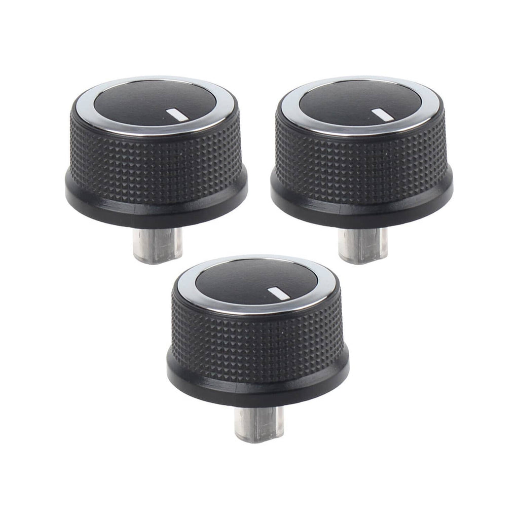 Set of heater A/C temperature control knobs, black textured tops with silver mounting studs