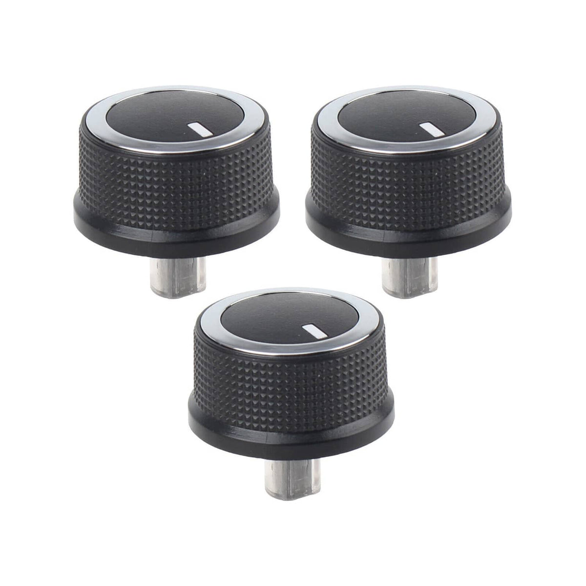 Set of heater A/C temperature control knobs, black textured tops with silver mounting studs
