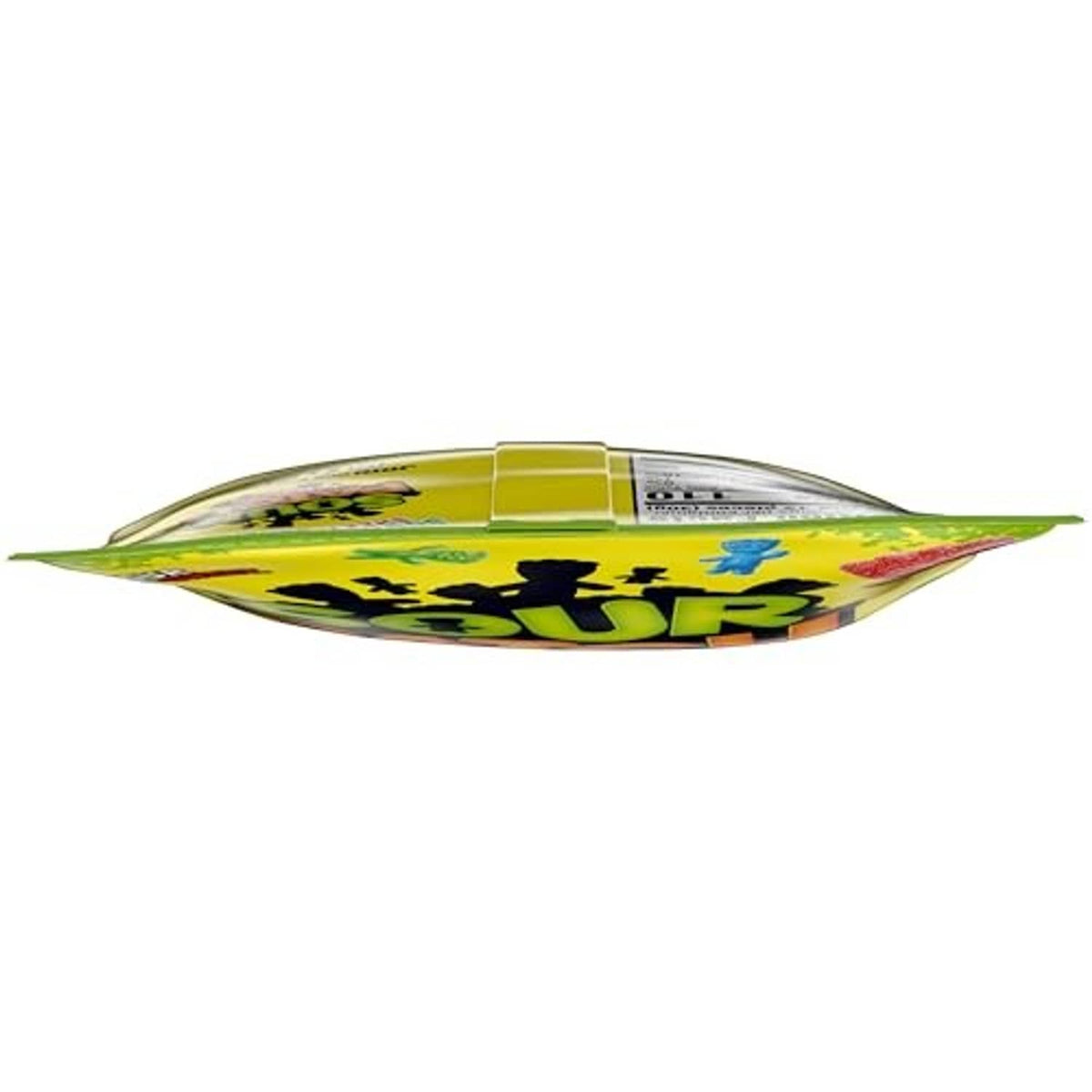 Sour candy bag top view with black logo and barcode label across the seam