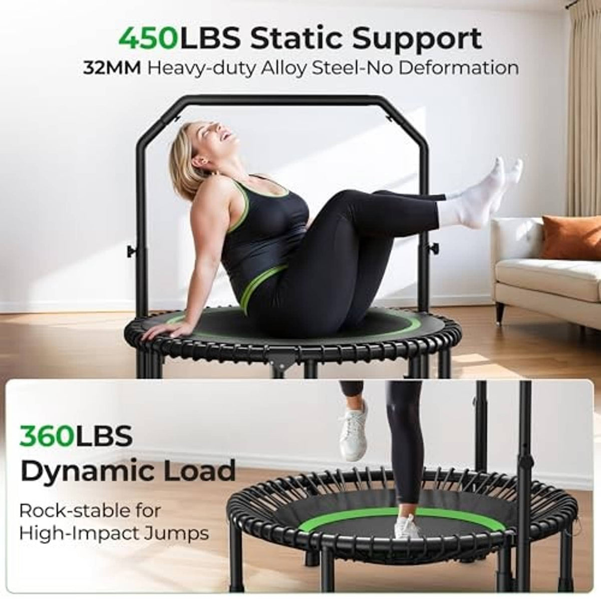 Green mini trampoline with black frame, stable handlebar, adult seated bounce