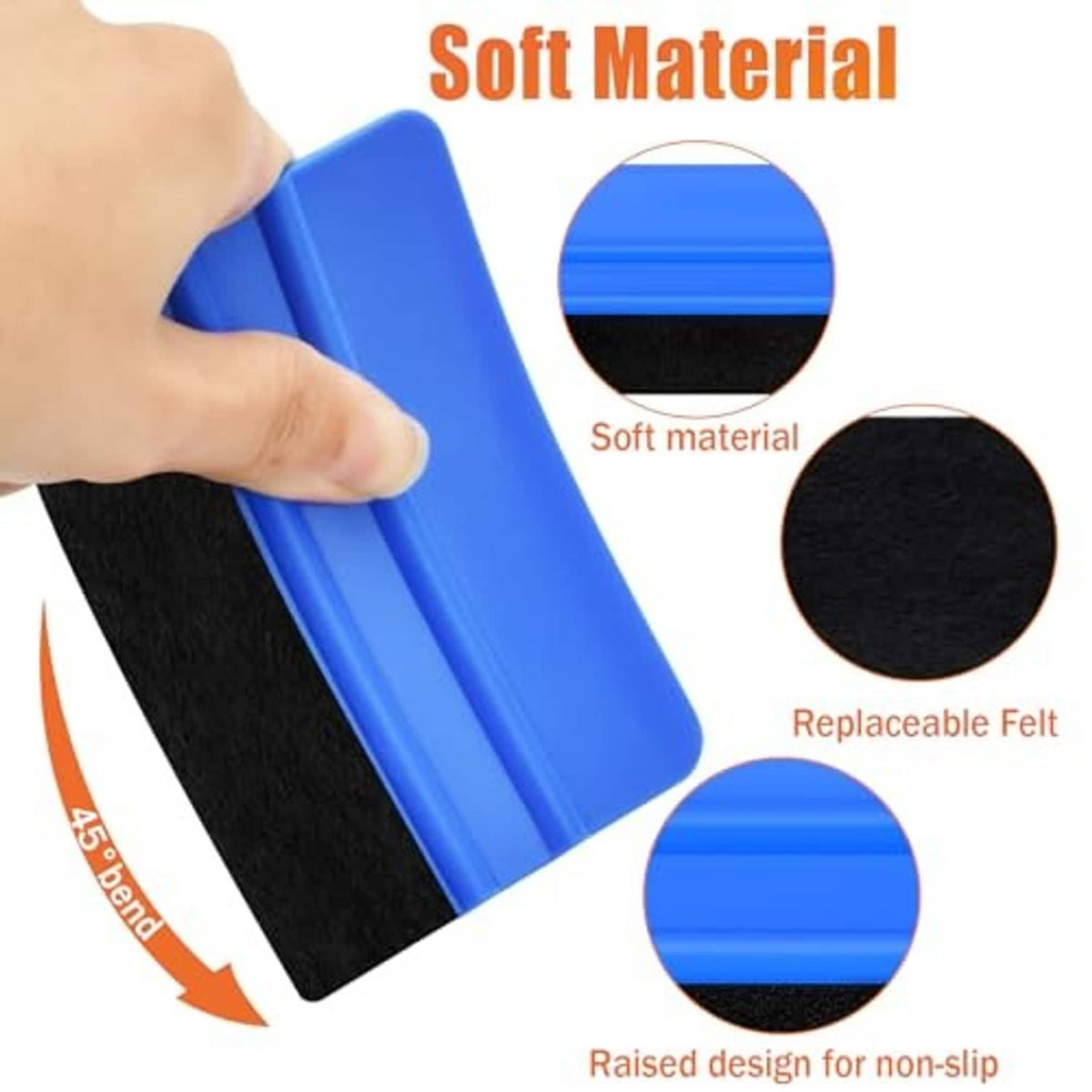 Blue felt-edge vinyl squeegee tool with replaceable black felt pad