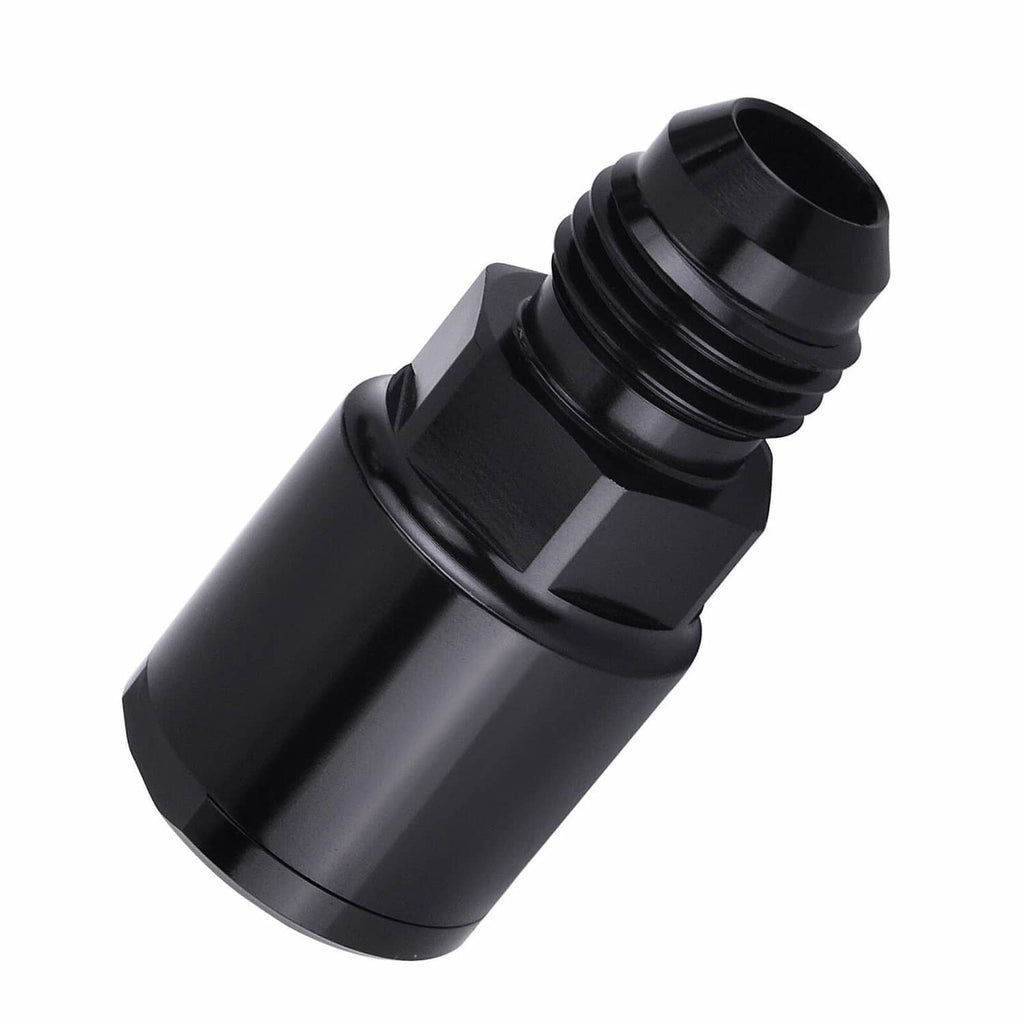Black AN6 fuel adapter fitting with angled body and threaded outlet