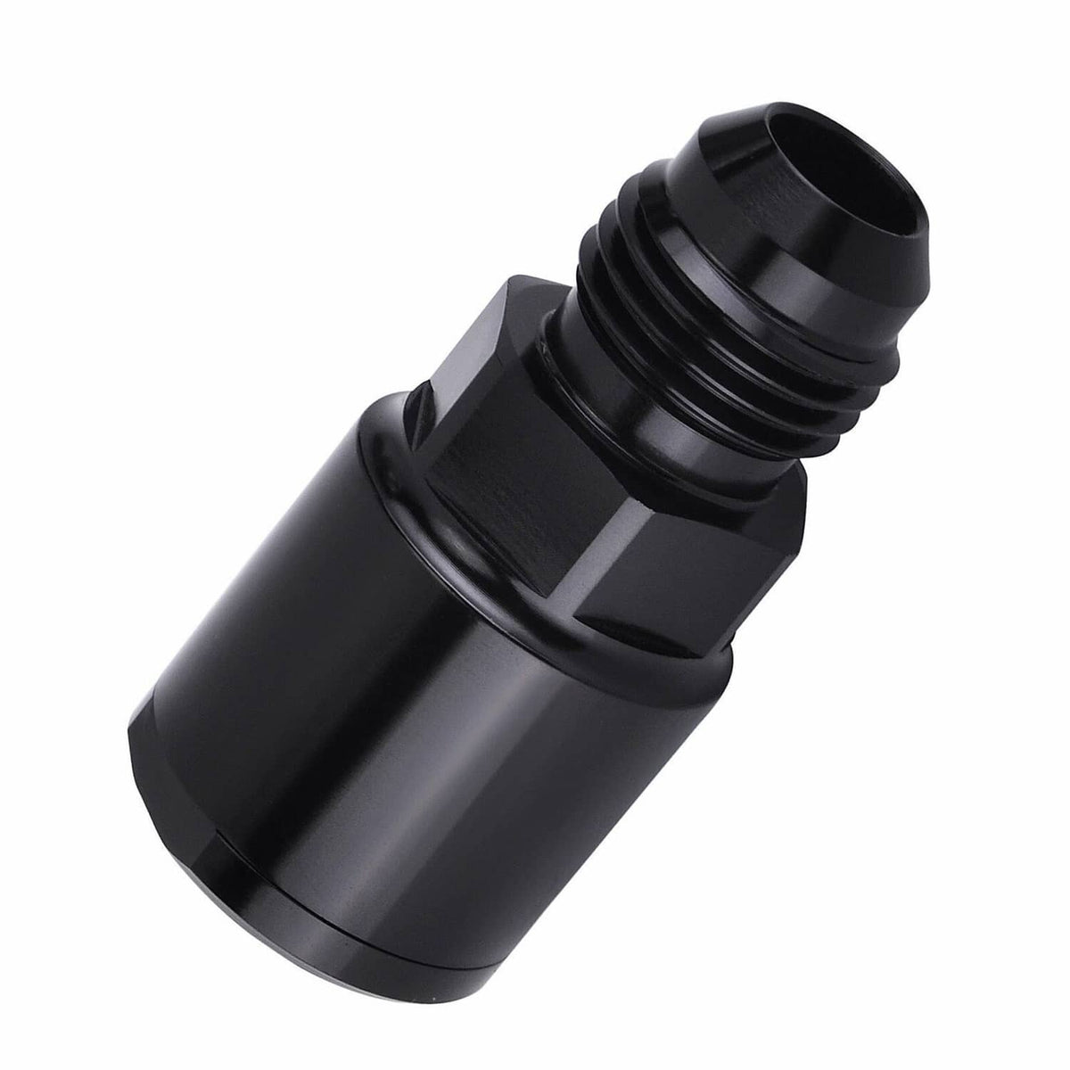 Black AN6 fuel adapter fitting with angled body and threaded outlet