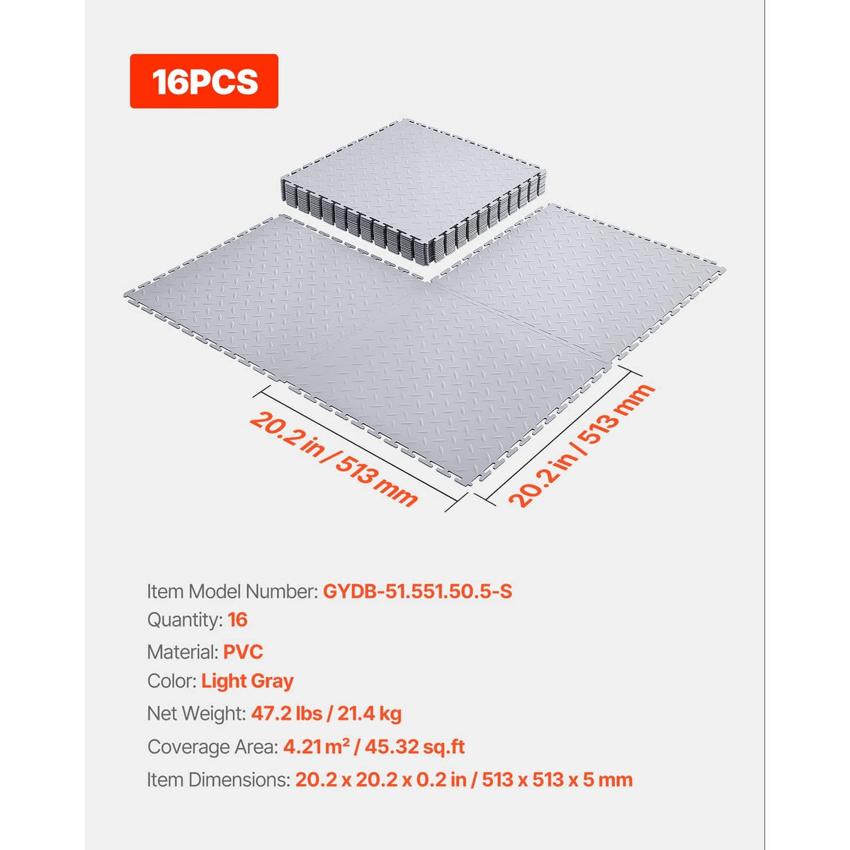Light gray PVC interlocking garage floor tiles, 20.2 in square, 0.2 in thick
