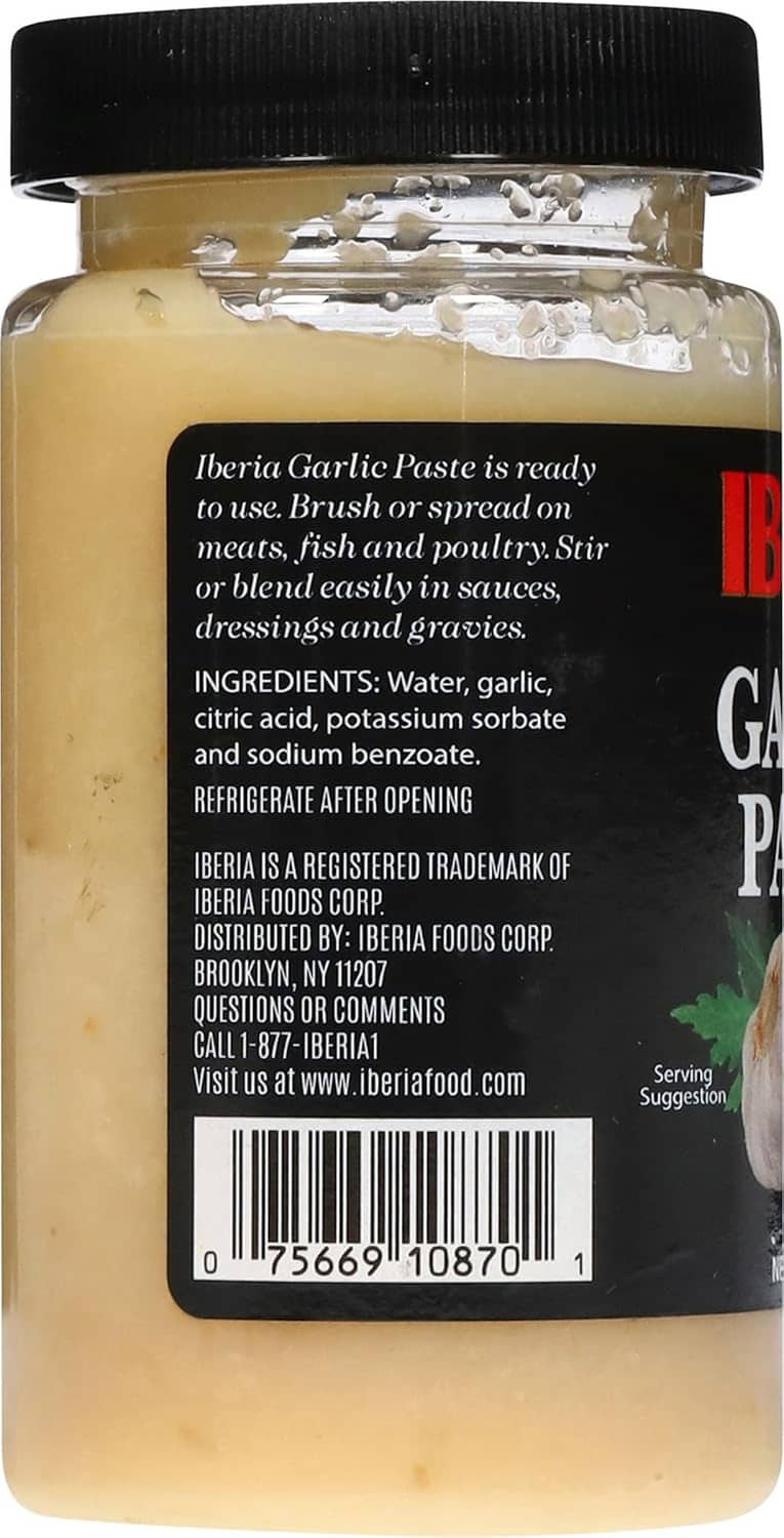 Garlic paste jar back label with instructions, ingredients, and barcode.