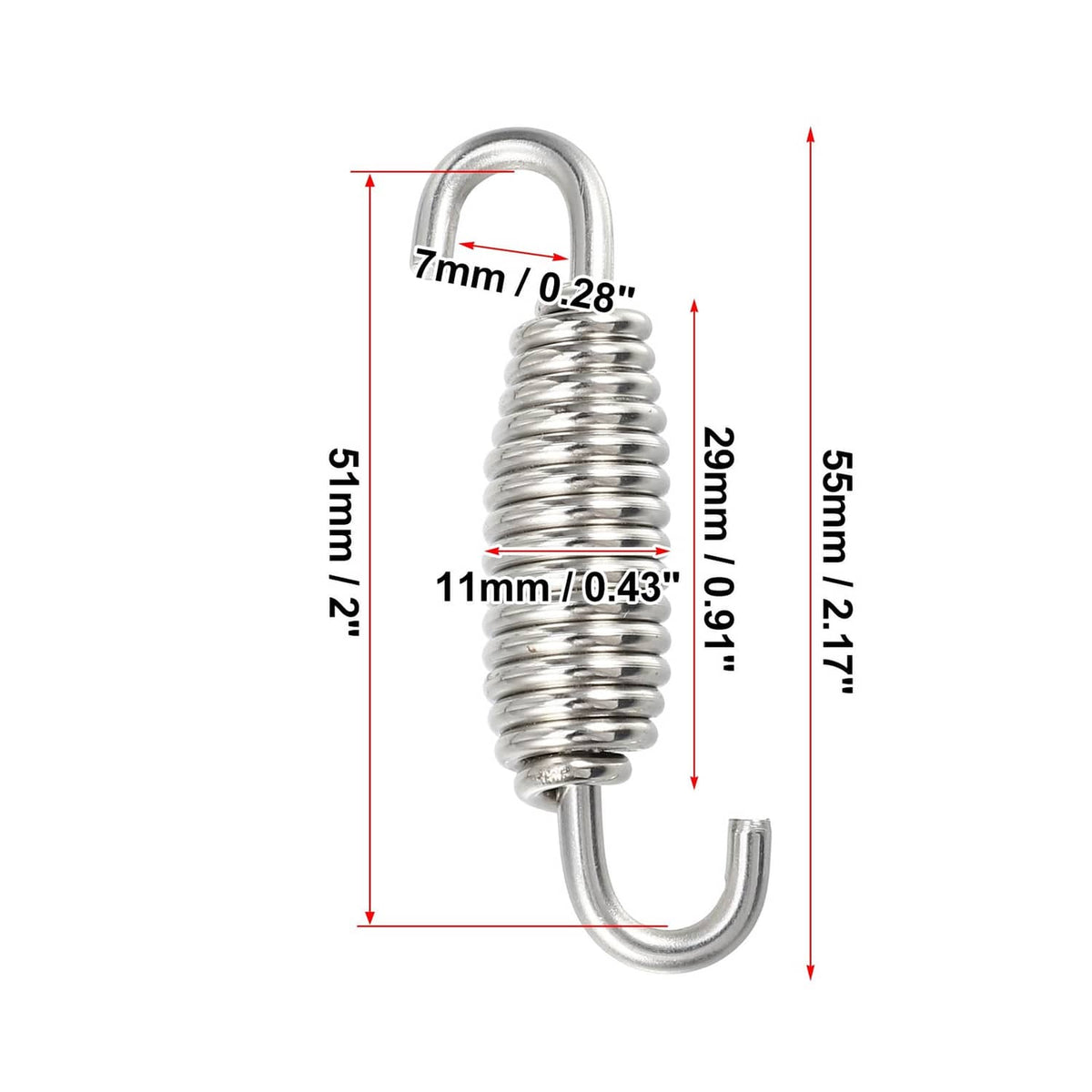 Exhaust spring with U hooks, 92mm length, silver tone coil