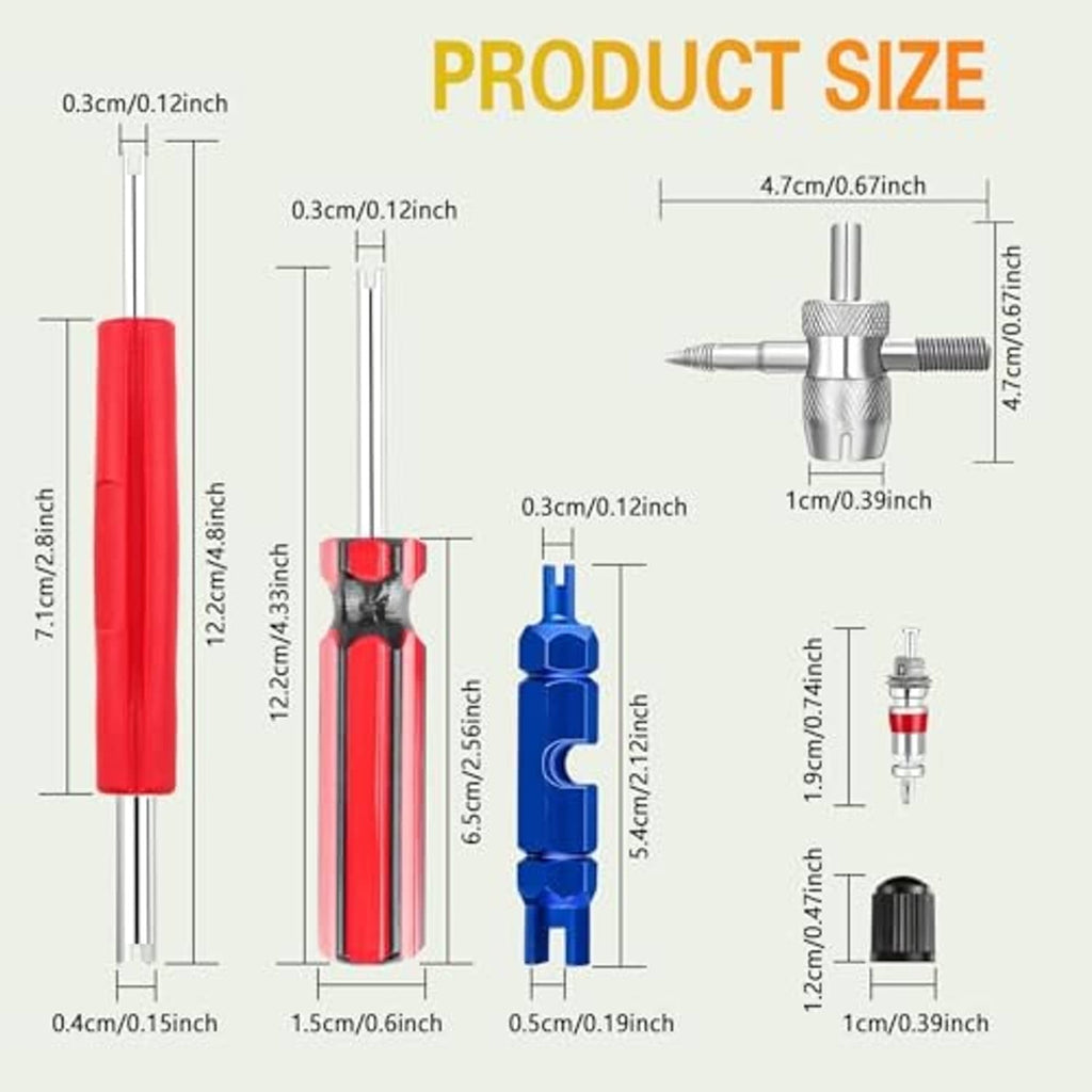 Tire valve core tool kit with size diagram showing red handle, blue tool, and metal tool parts