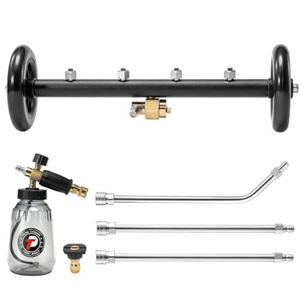 16-inch wheeled undercarriage cleaner bar kit with brass fittings, wand, and foam bottle