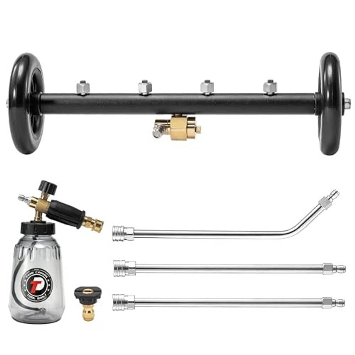 16-inch wheeled undercarriage cleaner bar kit with brass fittings, wand, and foam bottle