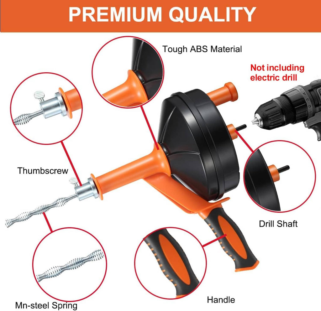 Drain auger drum and orange handle with ABS housing, thumbscrew parts, steel spring.