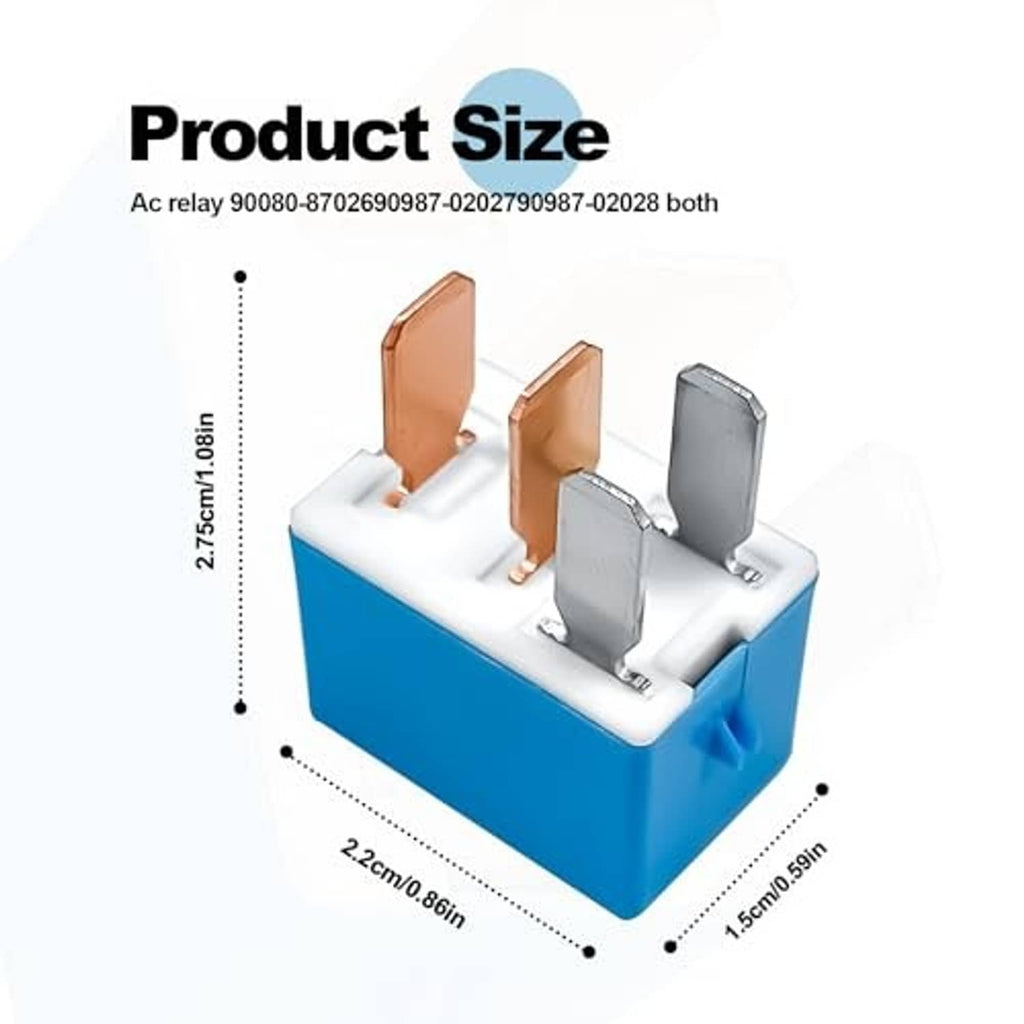 AC relay dimensions view, blue housing with copper pins and silver contact base