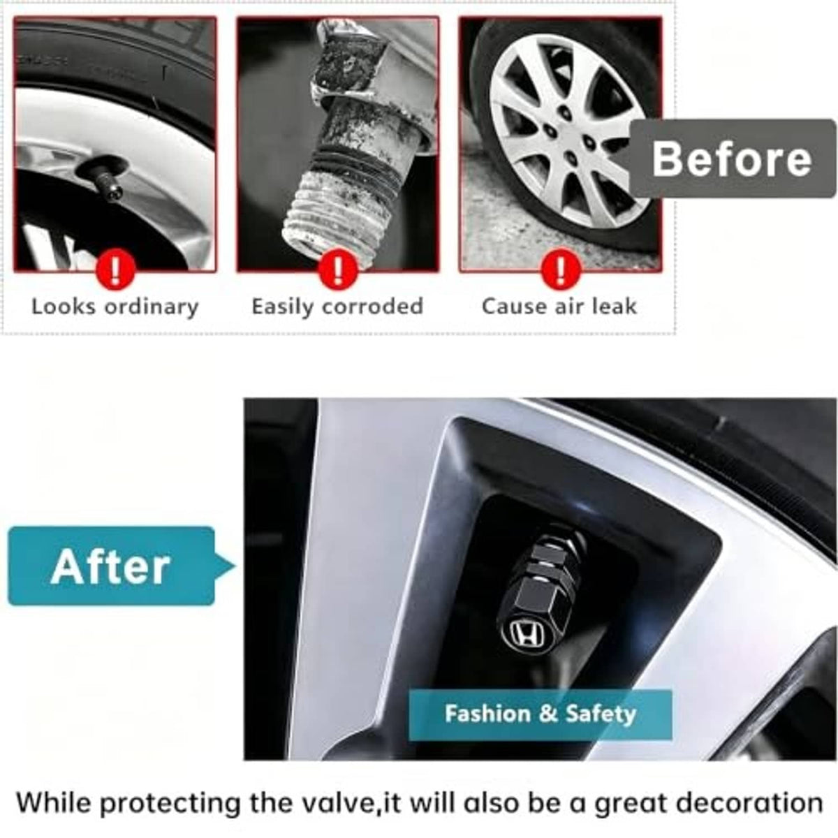Black metal tire valve stem cap with Honda logo for wheel valve