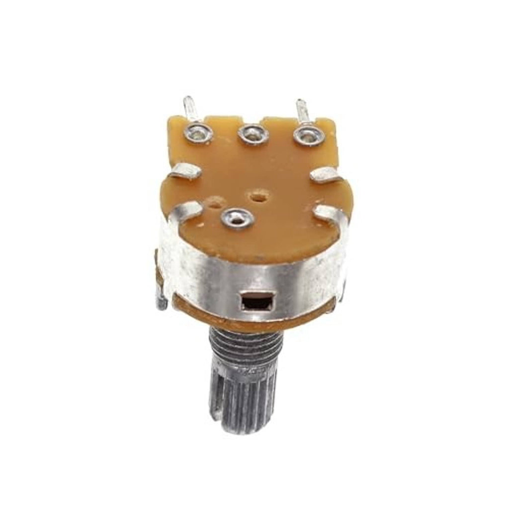 10k horizontal potentiometer with brown top, metal shaft, and four solder terminals