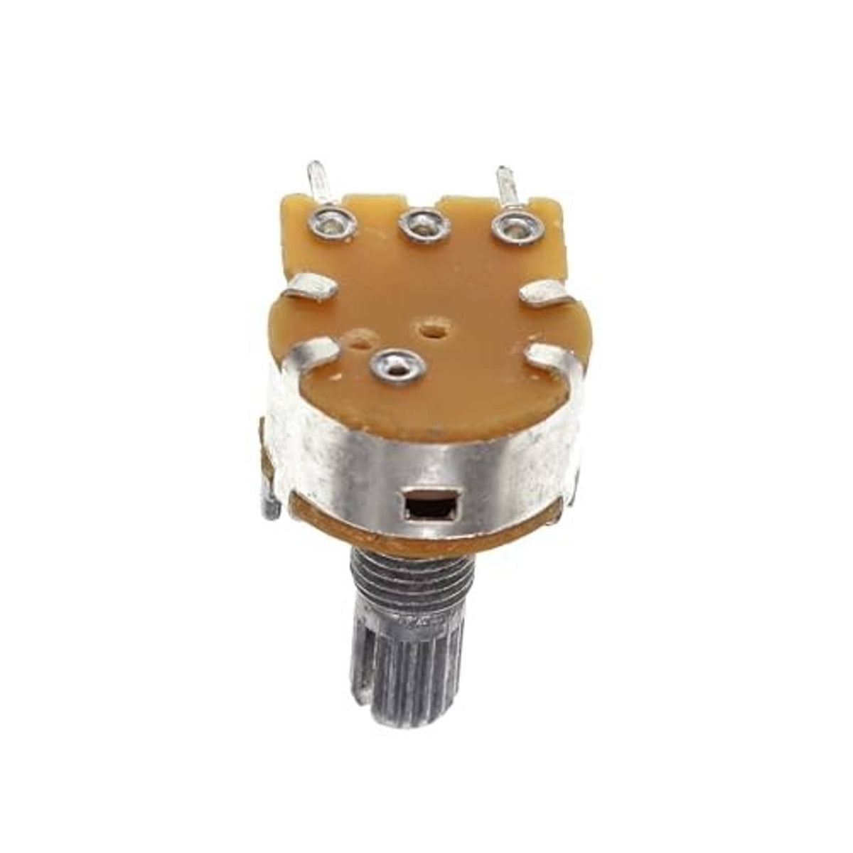 10k horizontal potentiometer with brown top, metal shaft, and four solder terminals