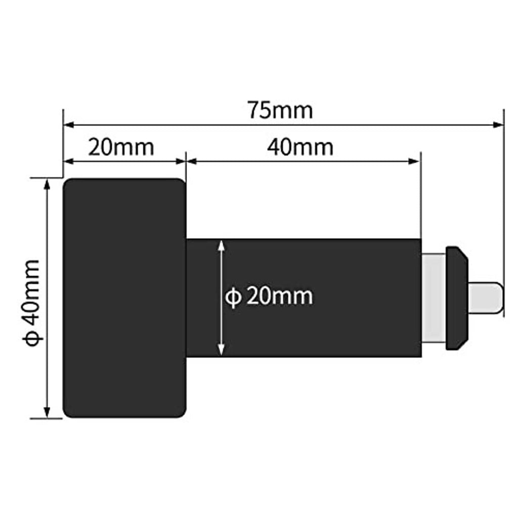 Car USB charger monitor size diagram with 75mm length and 40mm width