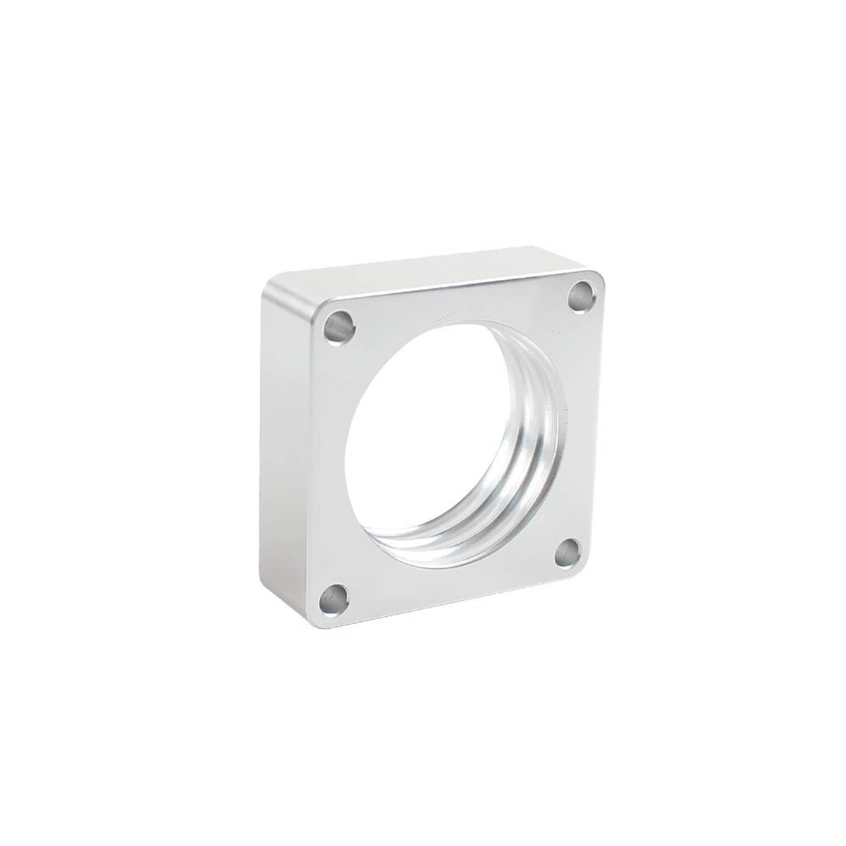 Silver throttle body spacer block with circular bore and four corner bolt holes