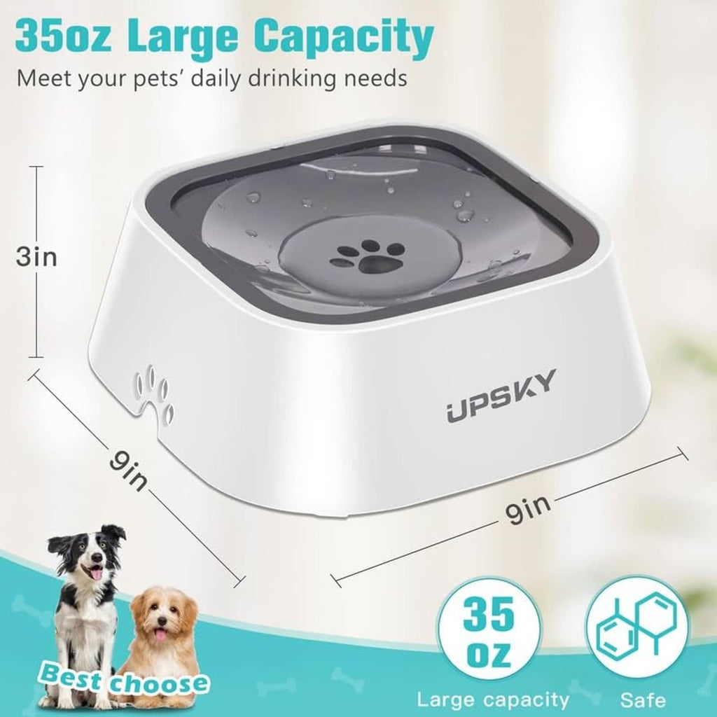 White slow water feeder pet bowl with gray floating disk and paw print center.