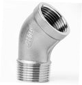 45-degree 304 stainless steel street elbow pipe fitting with NPT male threads, metal gray