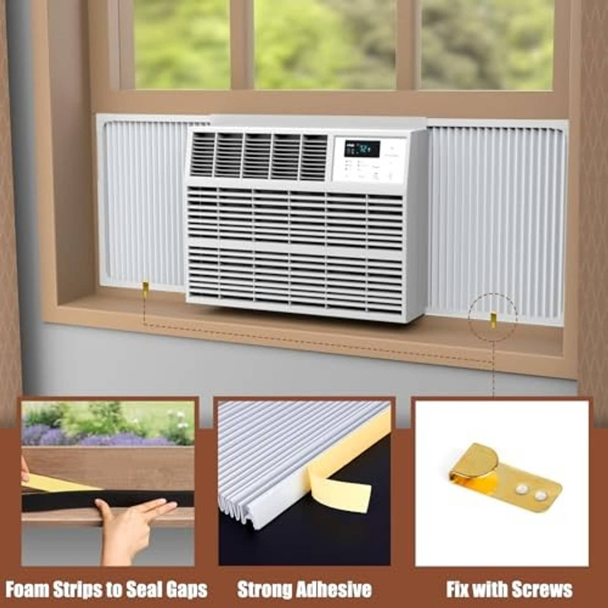 White window AC side panels installed around an air conditioner in a window opening