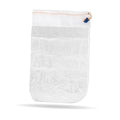 White mesh pool vacuum filter bag with drawstring and blue-and-orange tie