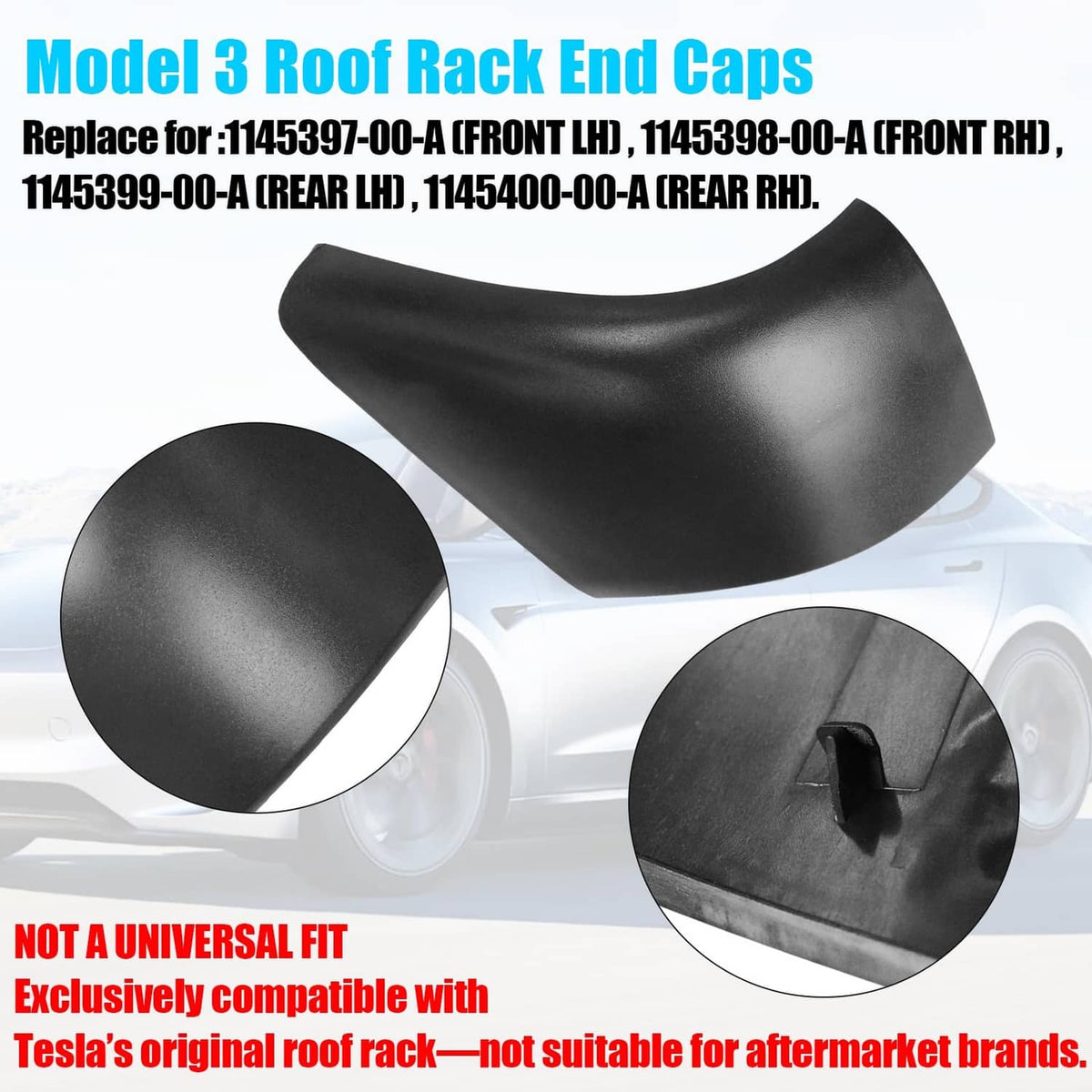 Black roof rack end caps for Tesla Model 3, curved molded shells
