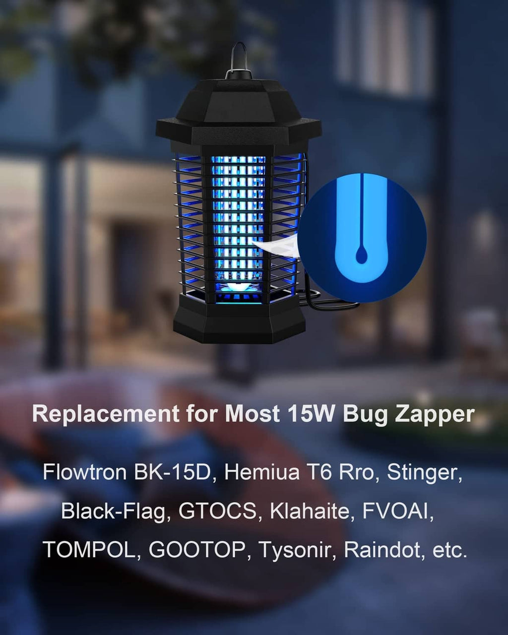 Bug zapper replacement light bulb, shown with blue glow and protective cage style housing
