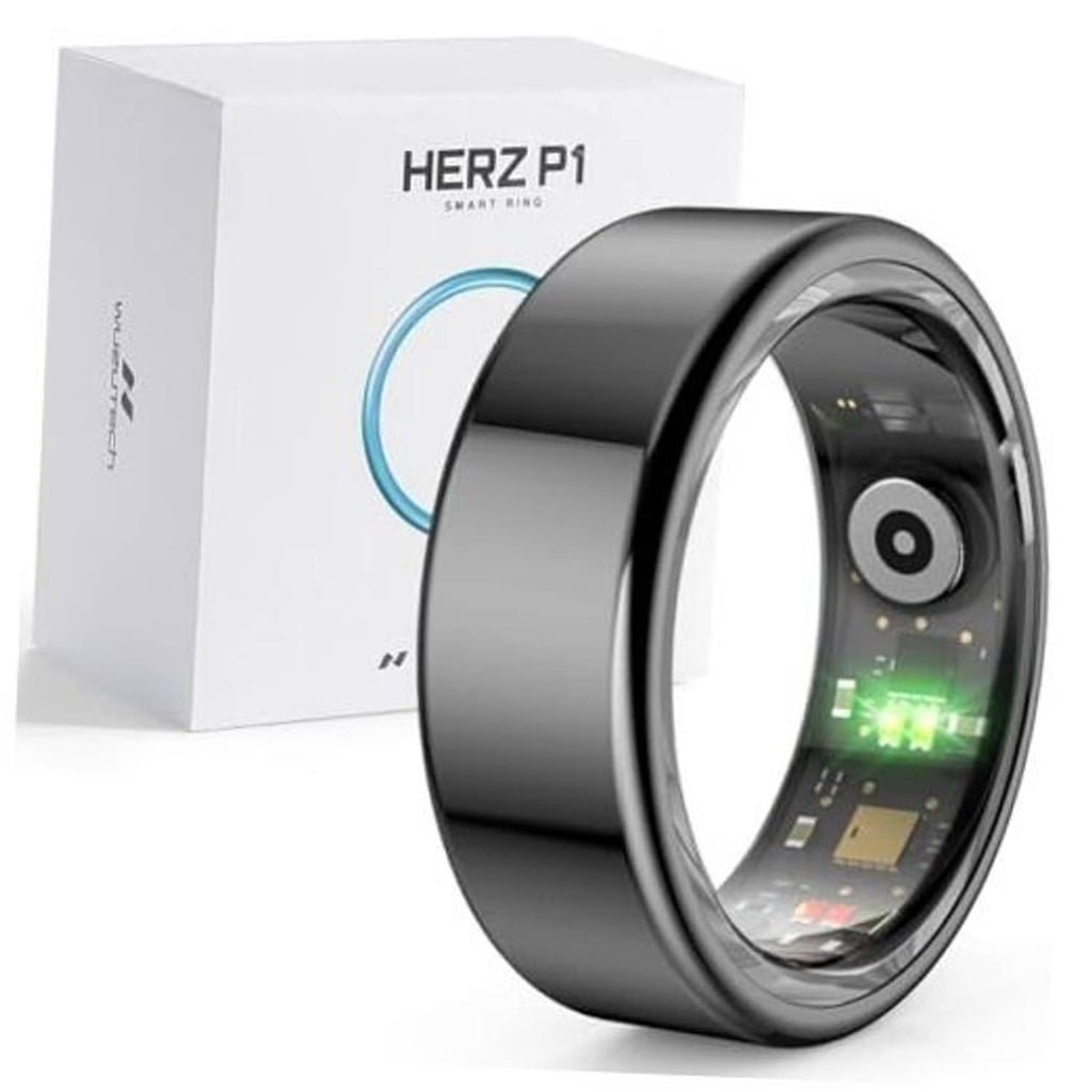 Black smart ring with glossy finish and glowing sensor screen window