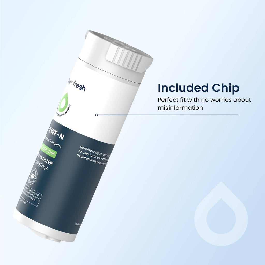 White refrigerator water filter cartridge with ribbed top and built-in chip