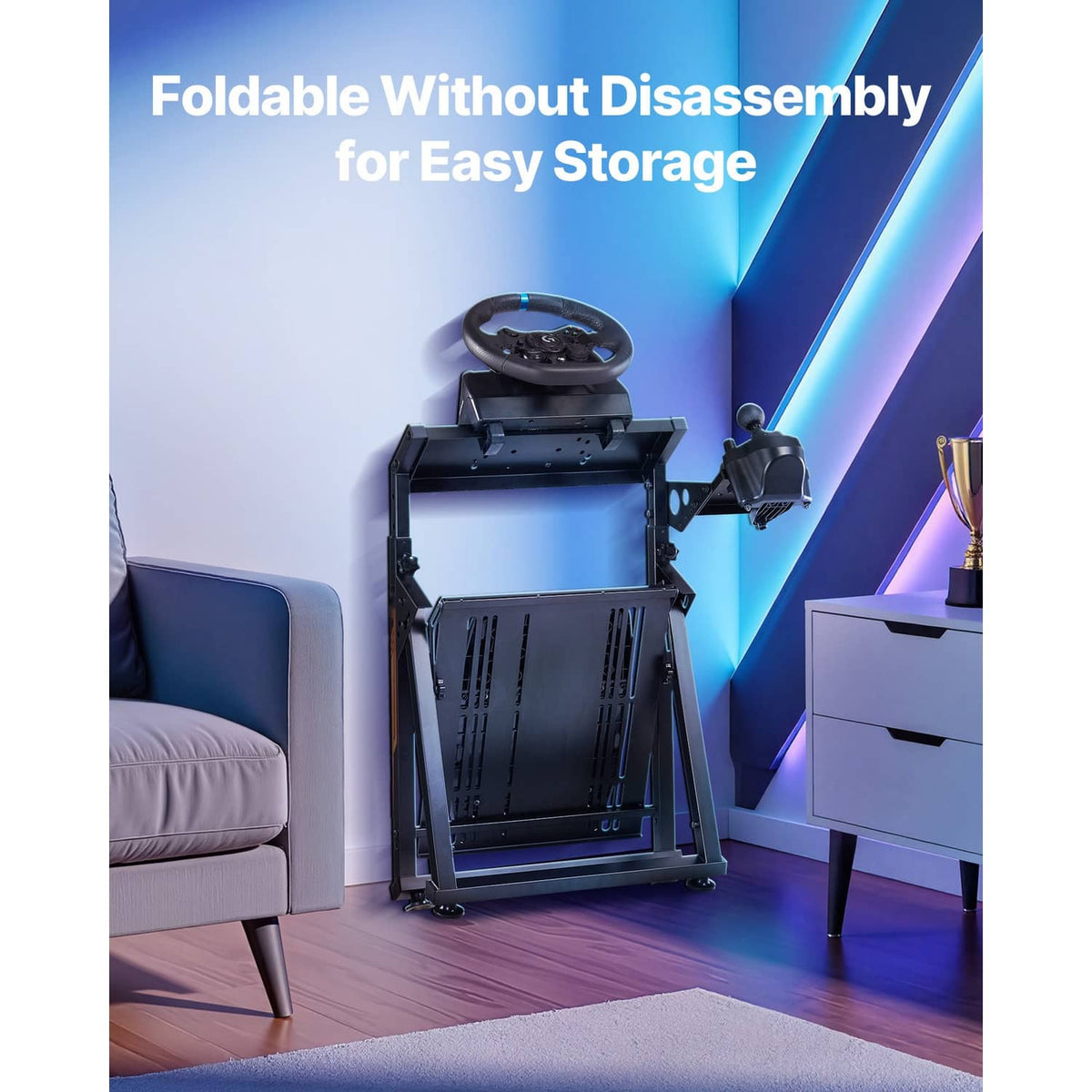 Foldable steering wheel stand without disassembly, black frame for easy storage