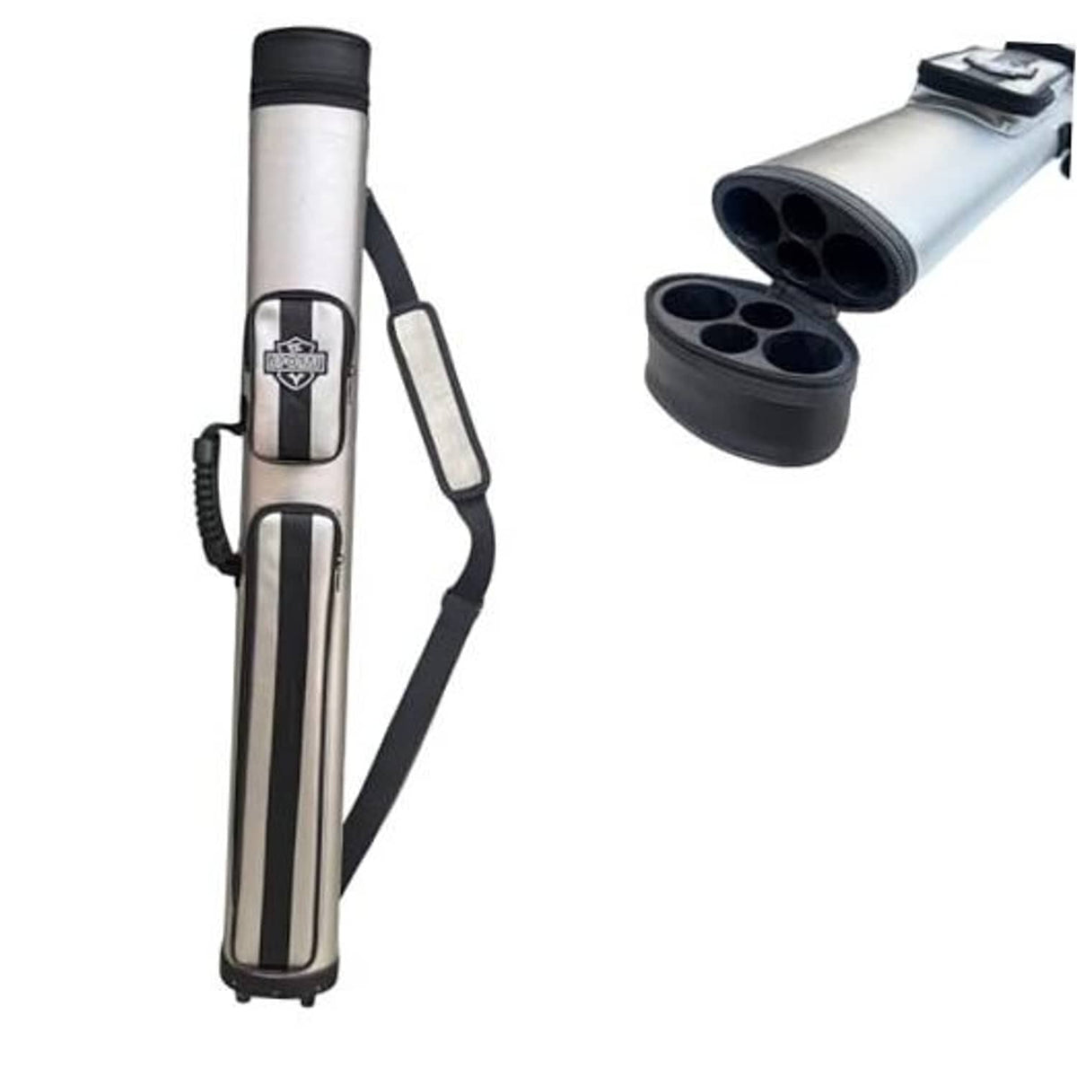 Pool cue case, oval hard-shell with black shoulder strap and carrying handle, silver/white.
