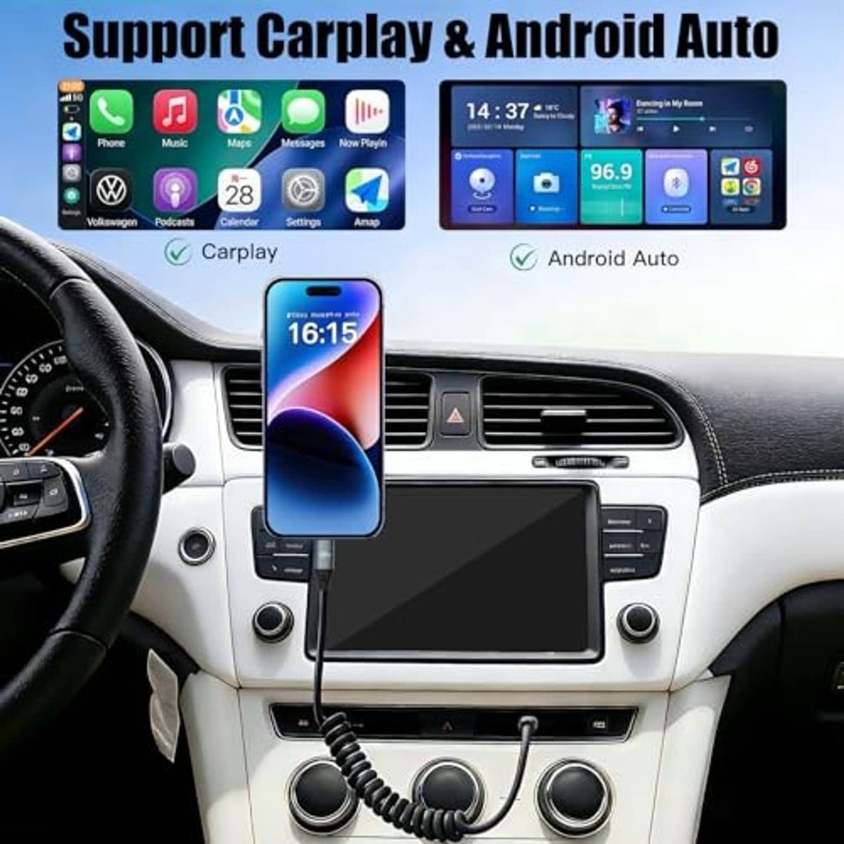 Coiled USB-C to USB-C cable plugged into a car dashboard charging port