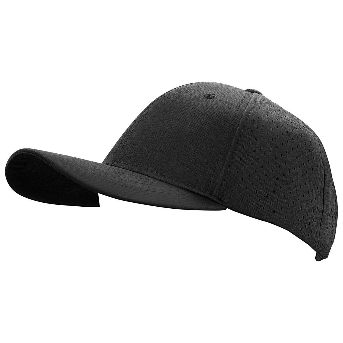 Black baseball cap angled side view, curved brim and perforated panel sections