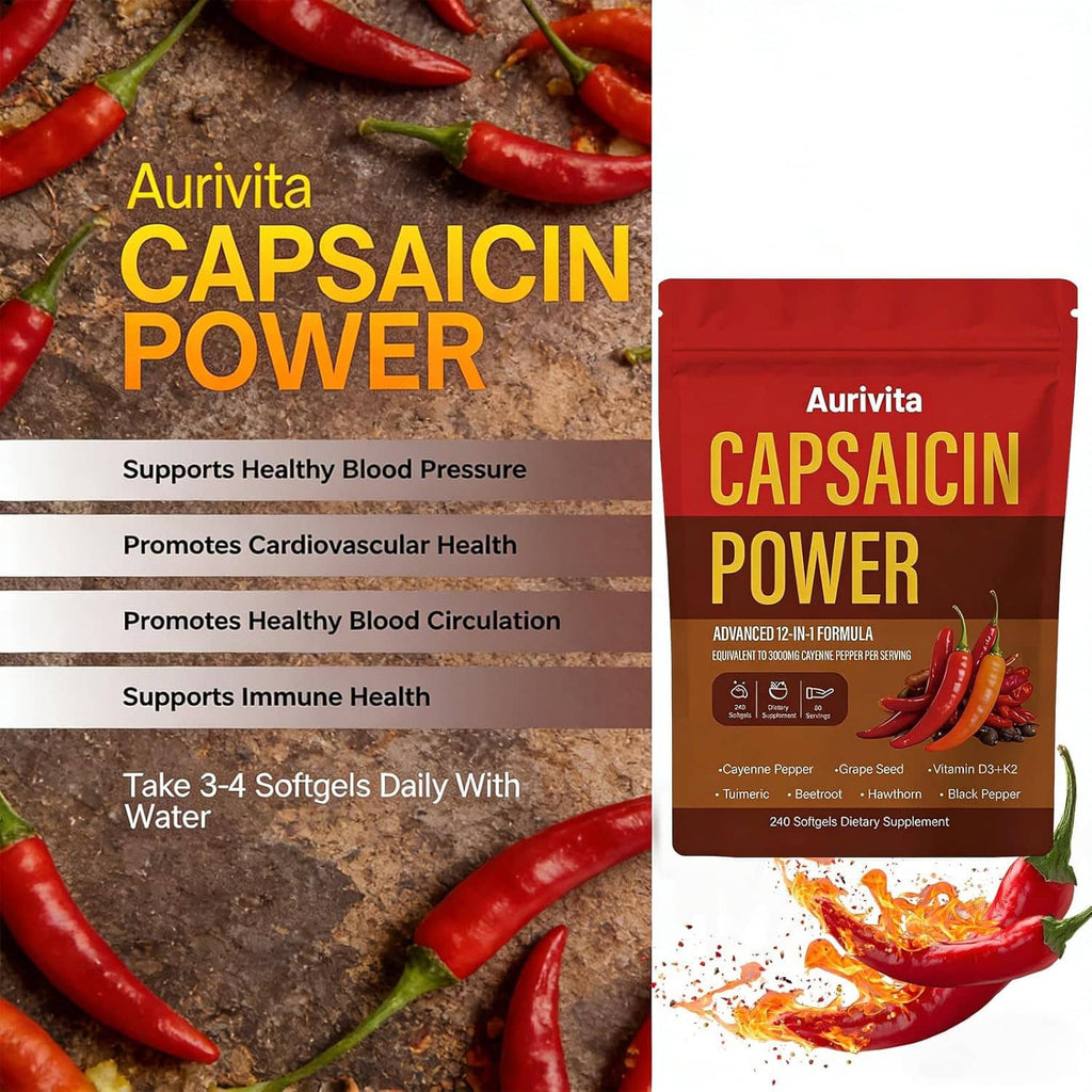 Aurivita Capsaicin Power softgels pouch with ingredients and benefits text panels
