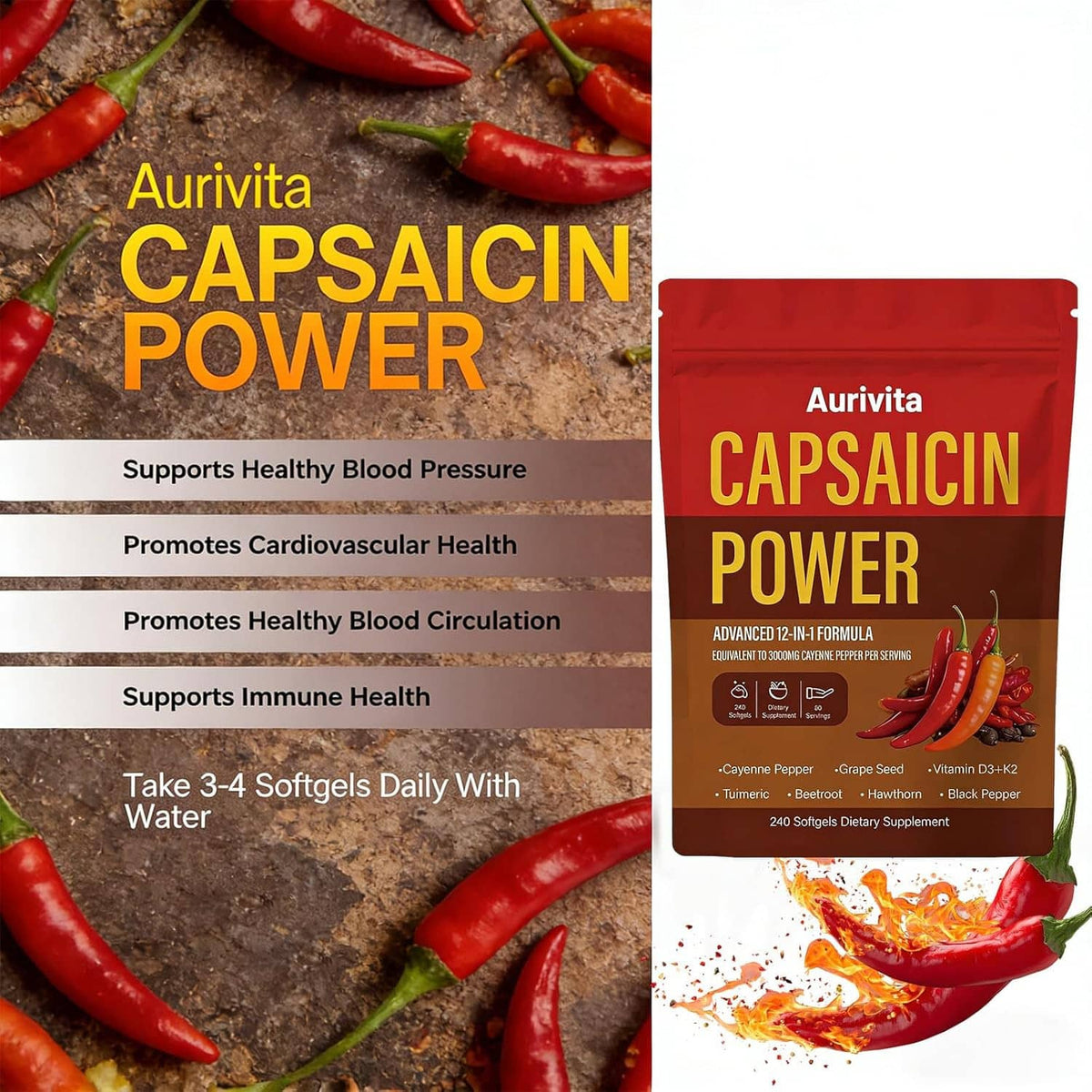 Aurivita Capsaicin Power softgels pouch with ingredients and benefits text panels