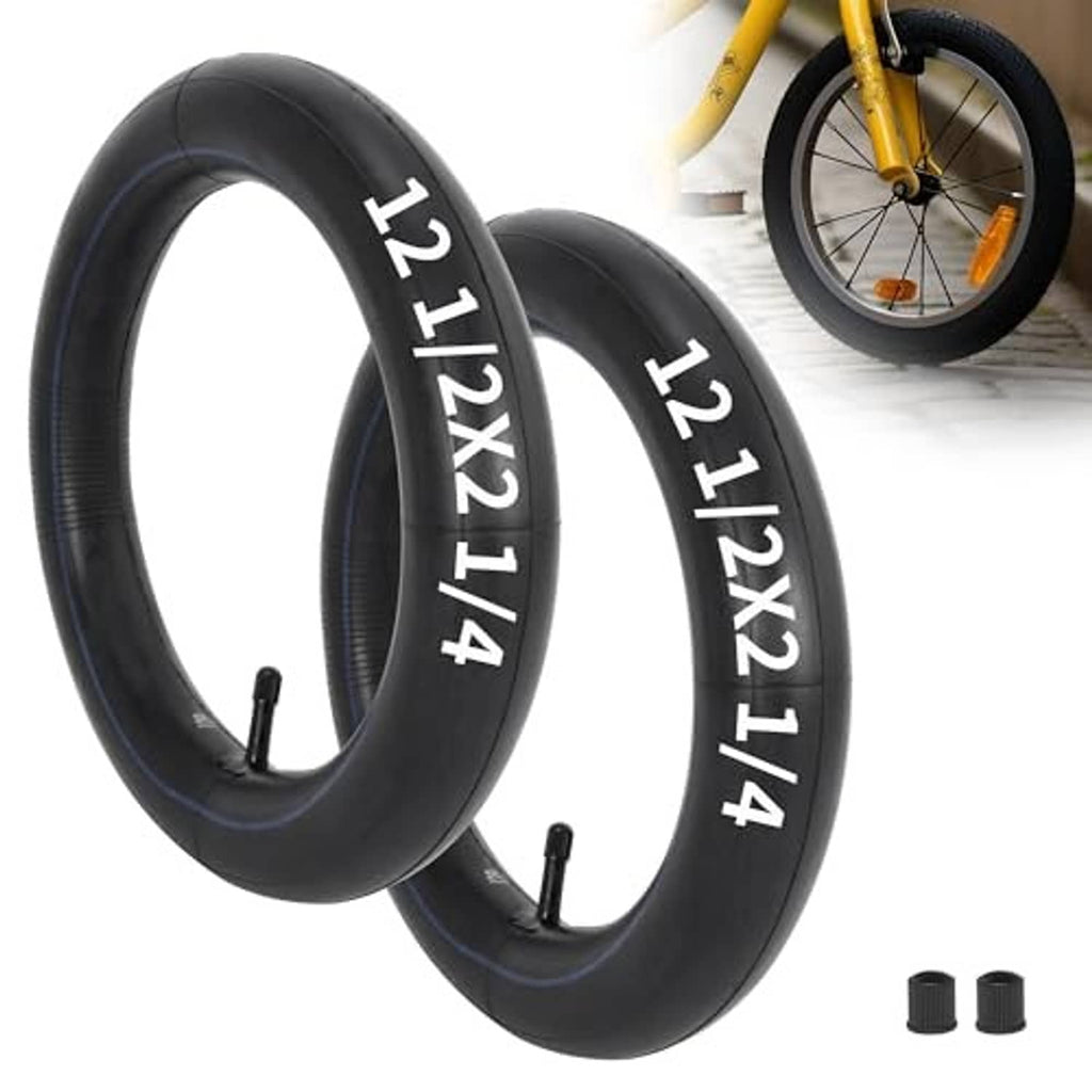 Two black 12.5x2.25 bike inner tubes with straight valve stems, angled view