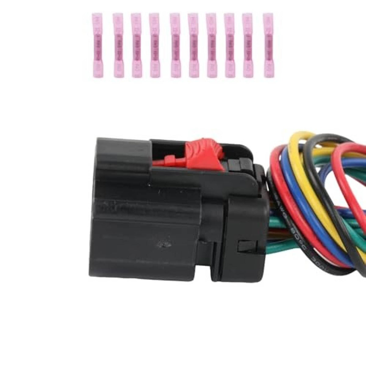 Black sensor wiring connector with red tab and multicolor wires, plus pink terminals