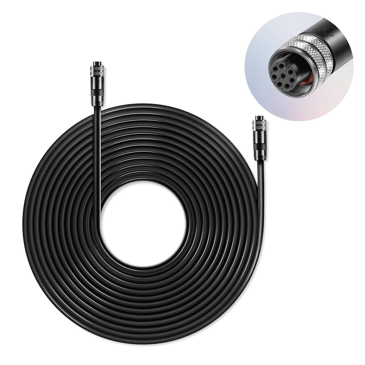 Coiled boat Ethernet cable with black cord and two metal-tipped connectors