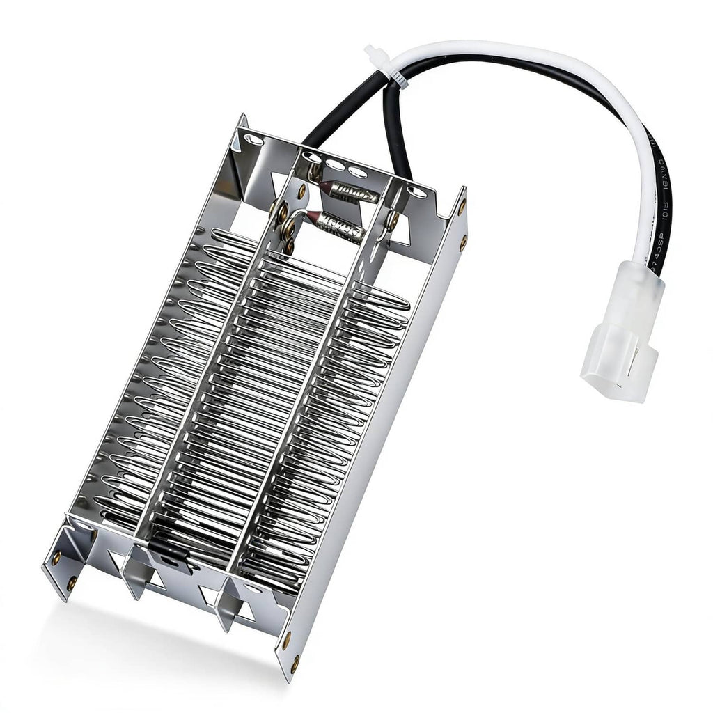 Bathroom fan heating element with metal frame and white wiring harness